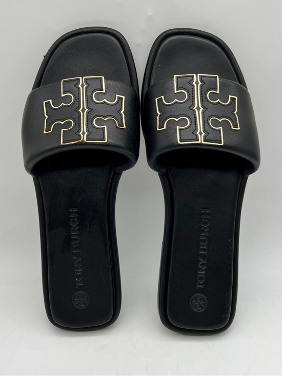 Tory Burch Shoes - Tory Burch Double T Sport Slide Black Gold Leather Sandals Size 11